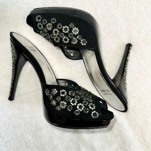 Stuart Weitzman Vintage Black Satin Crystal Platform Mules 4” Heel 37.5 Spain 7